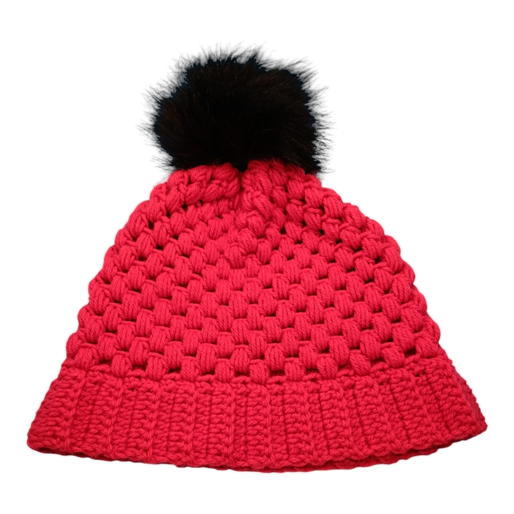 HANDMADE Red & Black Hand Crochet Winter Beanie Hat with Faux Fur Pom Pom